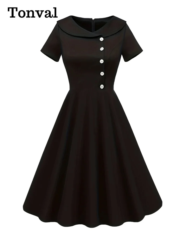 Tonval Peter-Pan Kragen Knöpfe schwarz festes Kleid 50er Jahre Pinup Vintage Frauen Kurzarm Sommer Rockabilly Swing Kleider