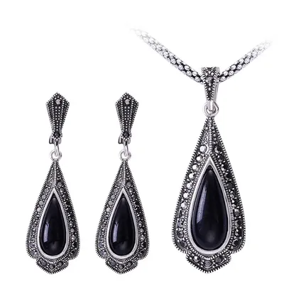 Ajojewel Marke Vintage Schwarz Schmuck Sets Für Frauen Wasser Tropfen Anhänger Halsketten Ohrringe