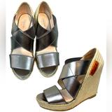 Coach Shoes | Coach Silver Pewter Strapped Espadrille Sandals Wedges Branded Women’s Size 6.5 | Color: Silver/Tan | Size: 6.5