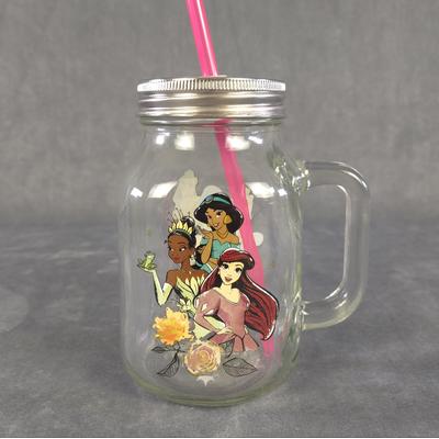 Disney Dining | Disney Princess Mason Jar 21 Oz With Handle, Lid And Straw - Collectible Glass | Color: Silver | Size: 21 Oz