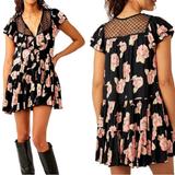 Free People Dresses | Free People Womens Black Floral Lace Cap Sleeve Tilly Print Tunic Mini Dress S | Color: Black/Pink | Size: S