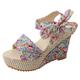 Wedge Sandals for Women Dressy, Bohemian Floral Print Cute Bow-Knot Lace-up Platform Wedge Sandals Summer Dress Open Toe Beach Sandals Comfortable Walking Party Wedding Sandals, blue, 2/2.5 UK