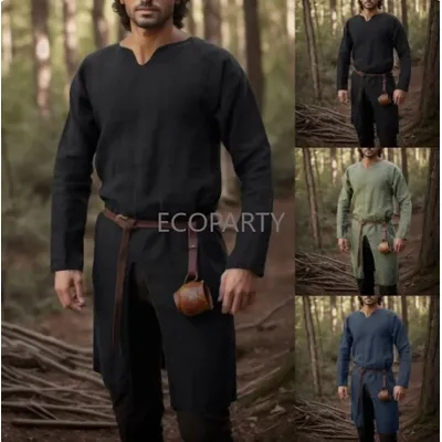Mittelalter liche Renaissance Retro Leinen hemd Tops Tunika männliche lange Roben Kleid Vintage Jacken Ritter Piraten Cosplay Kostüme Image