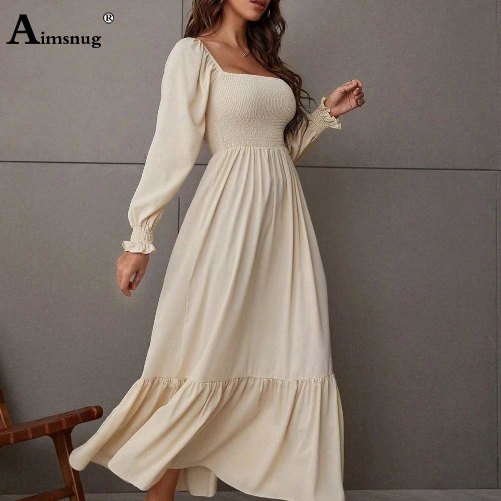 Frauen elegantes Maxi kleid 2024 Herbst lässig quadratischer Kragen Party kleider hoch geschnittene weibliche lange A-Linie Kleid Kleidung Größe S-4XL