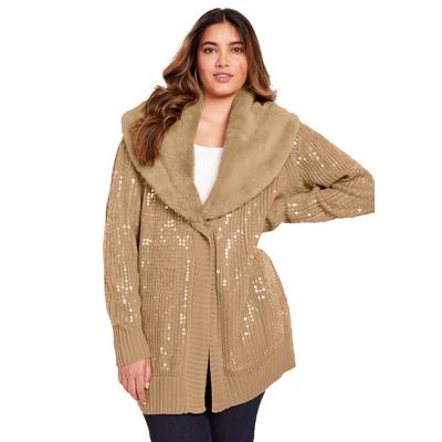 Plus Size Women's Sequin Button-Up Sweater by June+Vie in Soft Camel (Size 26/28)
