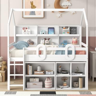 Twin Size House Loft Bed with Multiple Storage Shelves