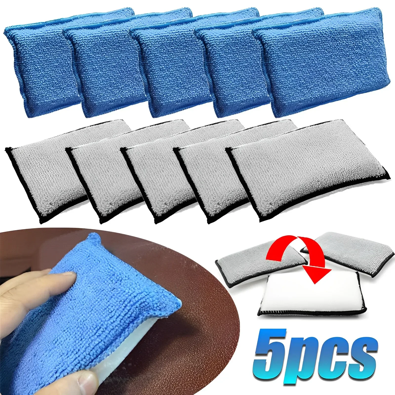 5Pcs Mikrofaser Auto Reinigung Pad Doppel Seite Leder Schrubben Schwamm Weiche Auto Detaillierung Waschen Schwamm Auto Innen Reinigung Werkzeuge Image