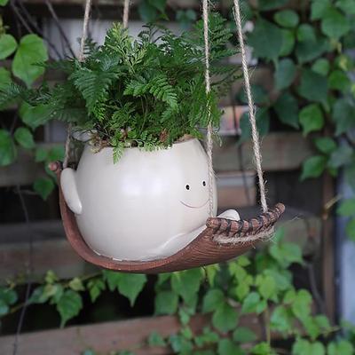 1pc Unique Hanging Resin Head Swinging Plant Pot For Succulents Hanging Planter Swing Face Plant Pot Hammock Flower PotsSmall Cute Smile Face Wall Resin Planters For Indoor Outdoor Plants