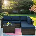 4 Pieces Patio Furniture Sets Patio Conversation Set All Weather Outdoor Sectional Patio Sofa Wicker Rattan Patio Seating Sofas with Cushion and Glass Table Blue