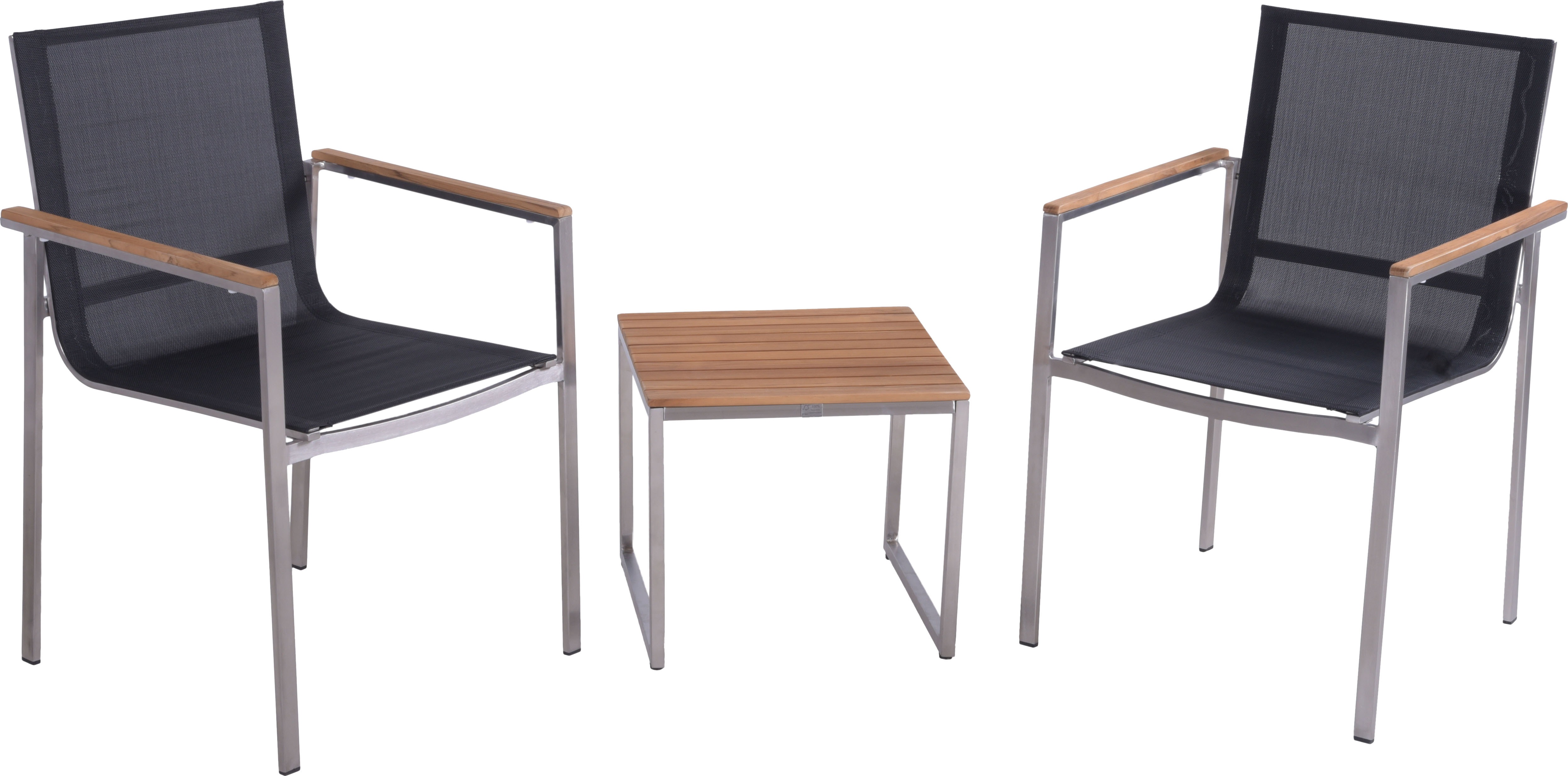 Balkonset GARDEN PLEASURE "»DENVER Set 02«", grau (dunkelgrau, blank,), Edelstahl, FSC-zertifizierter Holzwerkstoff, Kunststoff, Sitzmöbel-Sets, 2 Stühle (stapelbar), Tisch LxB: 45x45 cm
