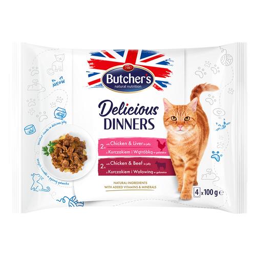 64x100g Butcher's Delicious Dinners Katze Mix: Huhn & Leber, Huhn & Rind Nassfutter