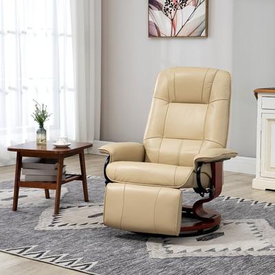 Grey Modern Round Wood Base PU Leather Swivel Manual Recliner with Padded Armrest and Extendable Footrest