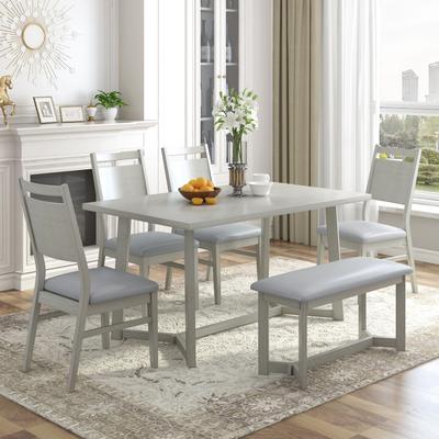 6-Piece Farmhouse Solid Wood Dining Set, Rectangular Dining Table, 4 Upholstered Chairs and Bench with PU Padded Seat