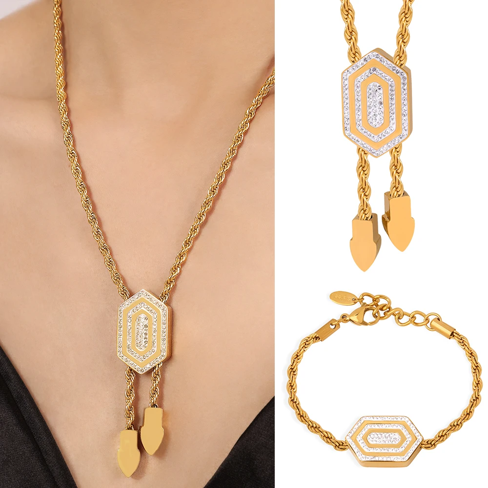 Armband Halskette Set für Frauen verdrehte Kette mit Sechseck cz Anhänger Armreif Premium Edelstahl Schmuck Großhandel Image