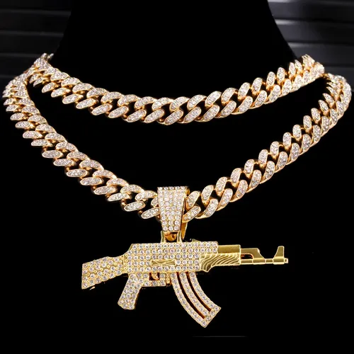 2022 Hip Hop Kristall AK47 Maschinenpistole Anhänger Halskette für Männer Frauen Iced Out 13MM Cuban