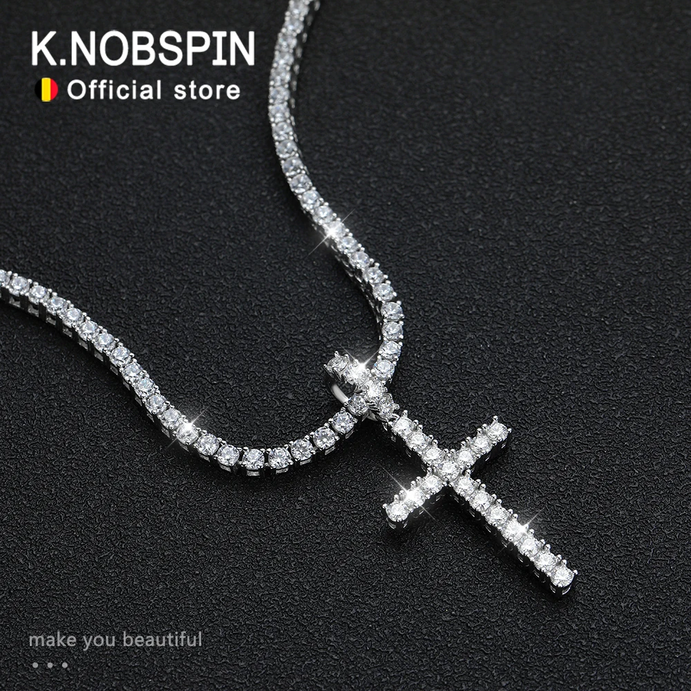 KNOBSPIN Voll-Moissanit-Tennis-Halskette mit Anhänger, 925er-Sterlingsilber, 18 Karat Kette für Herren, funkelnder HipHop-Party-Schmuck Image