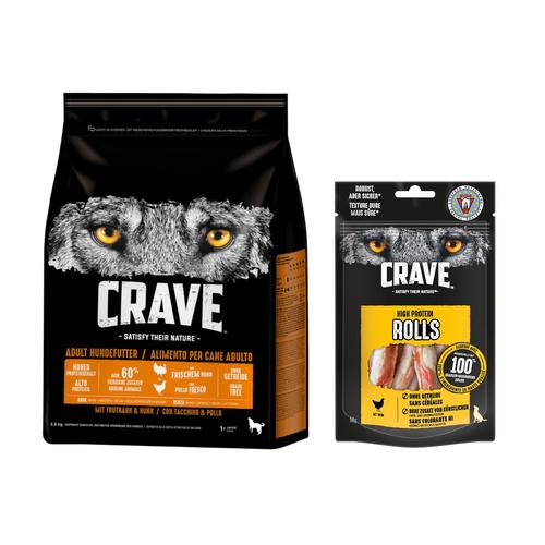 2,8kg Crave mit Truthahn & Huhn Hundefutter trocken + 8 x 50 g High Protein Rolls Huhn zum...