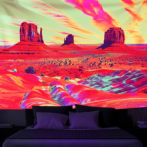 Schwarzlicht Wandteppich UV reaktiv im Dunkeln leuchtend Party Neon Wüstentrip psychedelisch trippig neblig hängender Wandteppich Wandbild fürs Wohnen Image