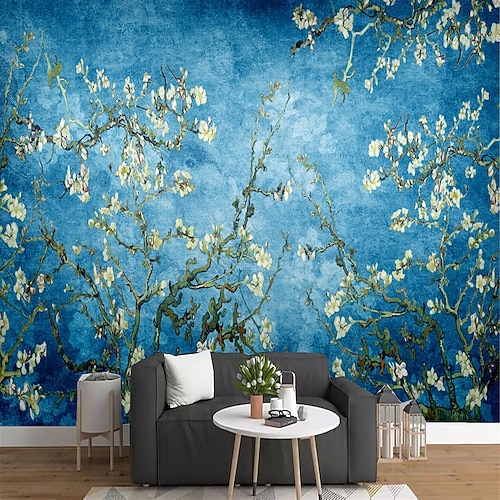 Coole Tapeten, blaue Blumen, Tapete, Wandbild, Wandverkleidung, Aufkleber, abziehen und aufkleben, entfernbares PVC/Vinyl-Material, selbstklebend/Kleber erforderlich, Wanddekoration für Wohnzimmer, Image