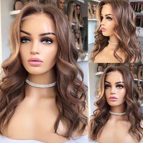 Unverarbeitetes reines Haar 13x4 Spitzenfront Perücke Freier Teil Brasilianisches Haar Wellen Hellbraun Perücke 130% 150% Haardichte mit Babyhaar Leimlos Vorgerupft Für Damen Mittlerer Länge Echthaar Image
