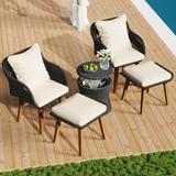 5 Piece Patio Furniture Set with Cooler Table Rope Woved Patio Chair Set with Wicker Cool Bar Table and Ottomans Outdoor Bistro Set Patio Conversation Set for Porch Backyard Pool Black&Beige