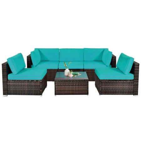 Topcobe 6 Pieces Patio Rattan Sectional Furniture Set with Cushions and Coffee Table Outdoor Furniture Turquoise