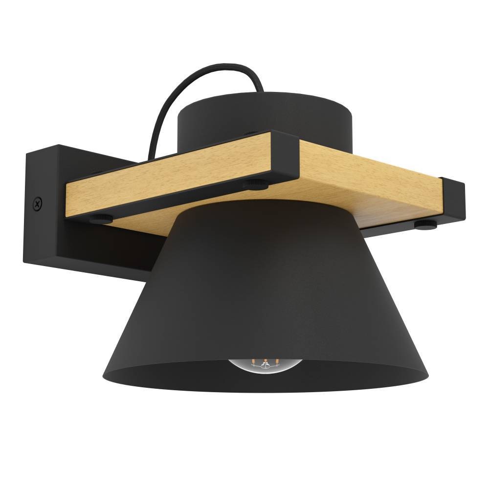 EGLO Wandleuchte "MACCLES Wandlampe, Stahl und Holz, Wohnzimmerlampe, Flurlampe, Lampe", braun (schwarz, braun), 1, Ø 0cm H: 15cm, 1 Stk., Leuchten, aus schwarzem Metall und natürlichem Holz, für Wand und Decke, E27 Image