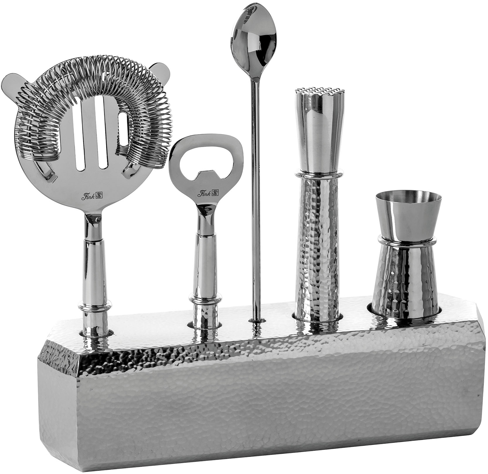 Cocktail-Set FINK "NASSAU, Barzubehör, silberfarben", silber (silberfarben), B:26,5cm H:22,5cm T:7,5cm, Edelstahl, Cocktail-Sets, mit feiner Hammerschlagstruktur Image