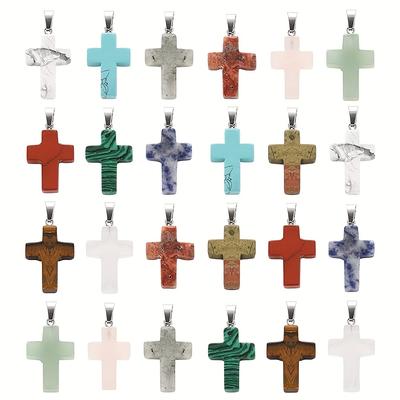 24pcs Crystal Cross Shaped Pendants Necklace Charms Natural Quartz Stones Cross Beads Bulk For Diy Jewelry Making