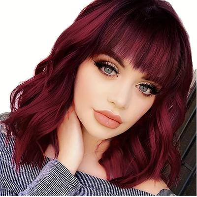 Red Wavy Wigs With Bangs For Women Short Curly Bob Wigs Medium Shoulder Length Burgundy Wine Red Wigs Natural Looking Synthetic Heat Resistant Wigs 14 Inch