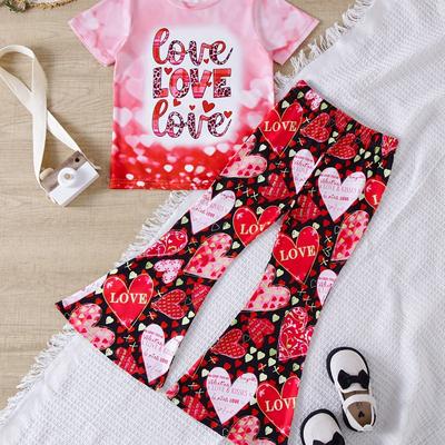 2pcs Girls Sweet Heart & Love Print Outfits Casual & Comfy Sets For Spring Summer Gift Valentine's Day