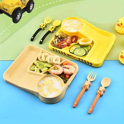 Children Cartoon Racing Dinner Plate Fork Spoon Set, Baby Self-feeding Cutlery Set, Food Supplement Divided Bowl, Baby Non-slip Dinner Plate With Suction Cup Easter Gift