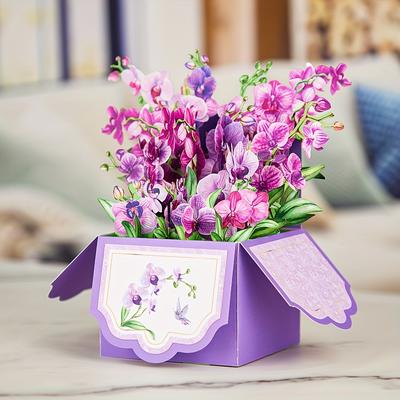 1pc Purple Orchids Pop-up Card Flower Pop-up Box Card Home Decor Mother Day Mom Gift