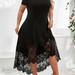 TEMU Plus Size Elegant Party Dress, Women's Plus Solid Contrast Lace Panel Cold Shoulder Crew Neck Asymmetrical Hem Medium Stretch Dress Wedding/evening Dress/occasion/engagement/ceremony