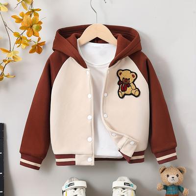 Boys Casual Color Block Cute Bear Print Slightly Stretch Hooded Fleece Button Down Jacket, Kids Clothing For Fall And Winter