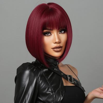 Short Bob Straight Red Synthetic Bangs Wigs For Wo...
