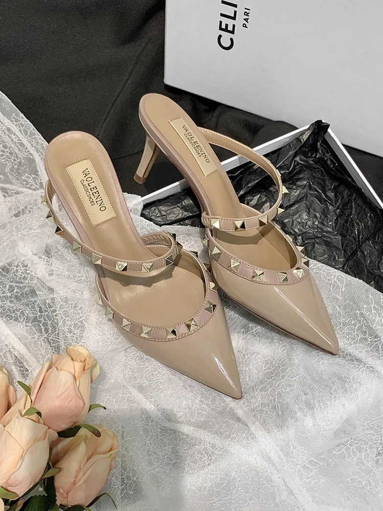 Damen Sandaletten mit Absatz, Sommer, Luxusmarke, Nieten, Slingbacks, Pantoletten, modische spitze Zehenpartie, Leder, Stiletto-Absätze, Schuhe für Abschlussball und Party