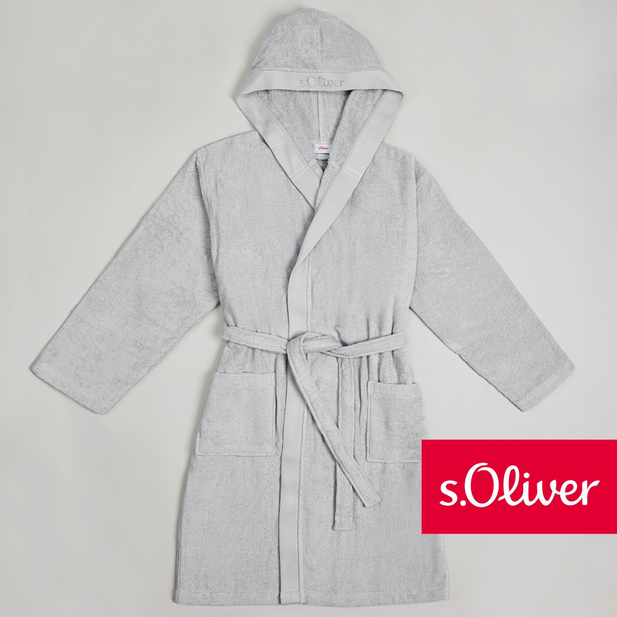 Bademantel S.OLIVER "s. Oliver Bademantel, ideal für Sauna & Spa, Hotelbademantel" Gr. XS, grau (hellgrau), L:108cm, Walkfrottier, Hausmäntel, Bademantel, Kapuze mit dezenter Logoeinwebung