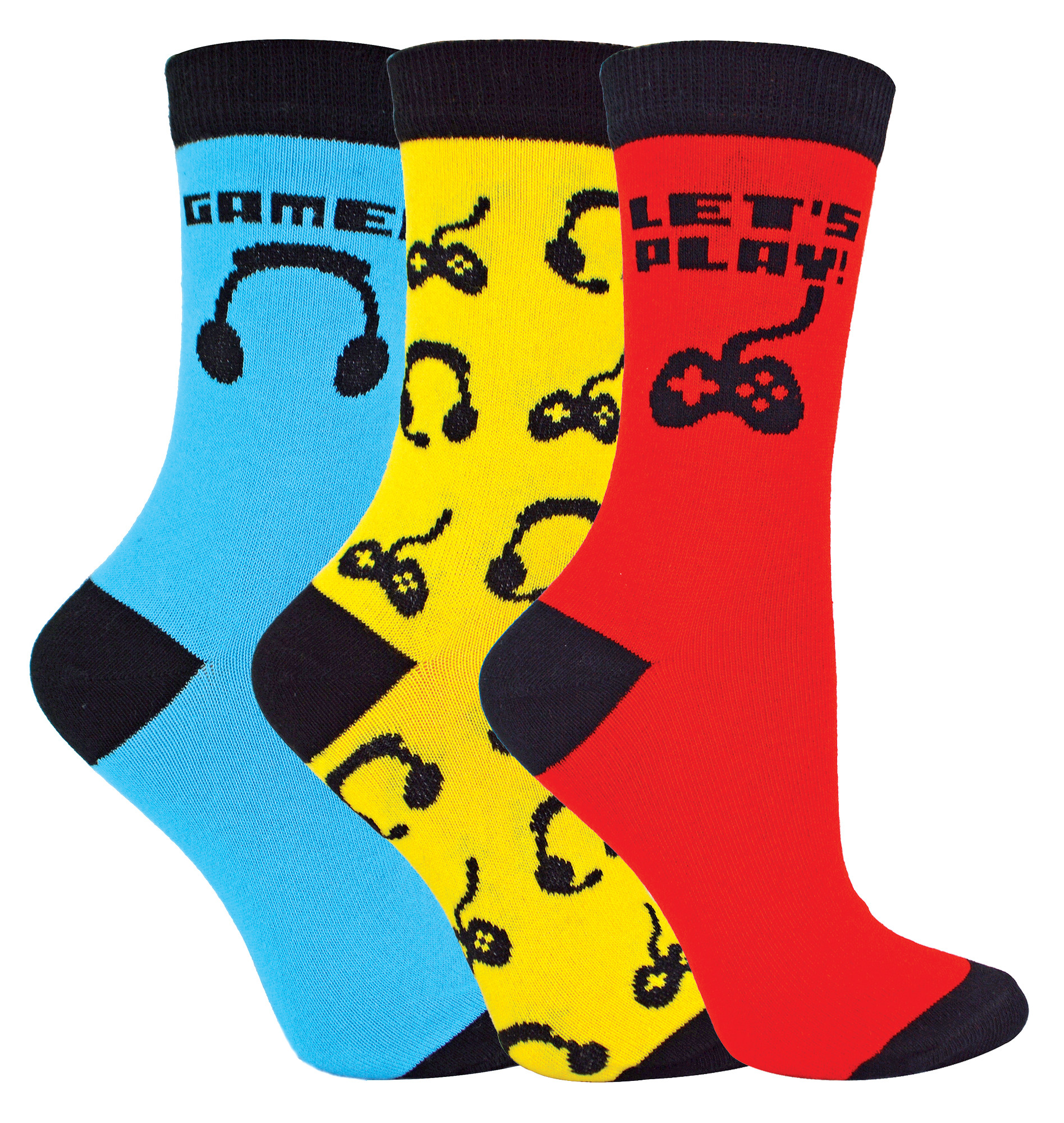 3 Pack Kinder Gaming Socken | Socken Snob | Fun Design Neuheit lustige Video Gaming Socken für Jungen & Mädchen - rot / blau / gelb Image