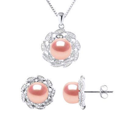 Schmuck Halskette & Ohrringe FLOWER Süßwasserperle 9-10 mm Natural Rose 925