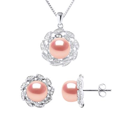 Schmuck Halskette & Ohrringe FLOWER Süßwasserperle 9-10 mm Natural Rose 925 Image