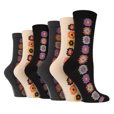 6 Paar Multipack Damen Herbst Socken | Wildfeet | Cute Novelty Design gestrickt Boot Socken - Blume Image