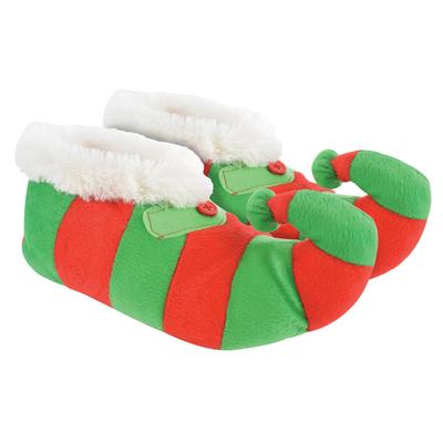 Neuheit Kinder Weihnachten Elf Hausschuhe | Funky Fleece Linied rot & grün gestreift Weihnachten Hausschuhe für Kinder - rot & grün Image