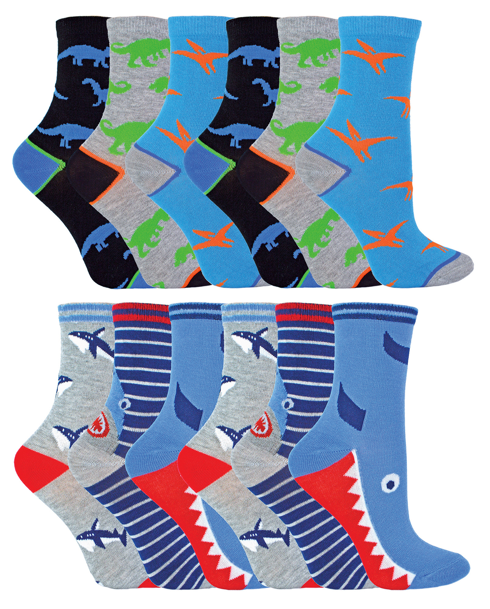 12 Paar Multipack Kinder Neuheit Bambus Trainer Socken | Socken Snob | Atmungsaktiv Low Cut Socken mit Spaß Designs - Pack 1 (Haie & Dinosaurier) Image