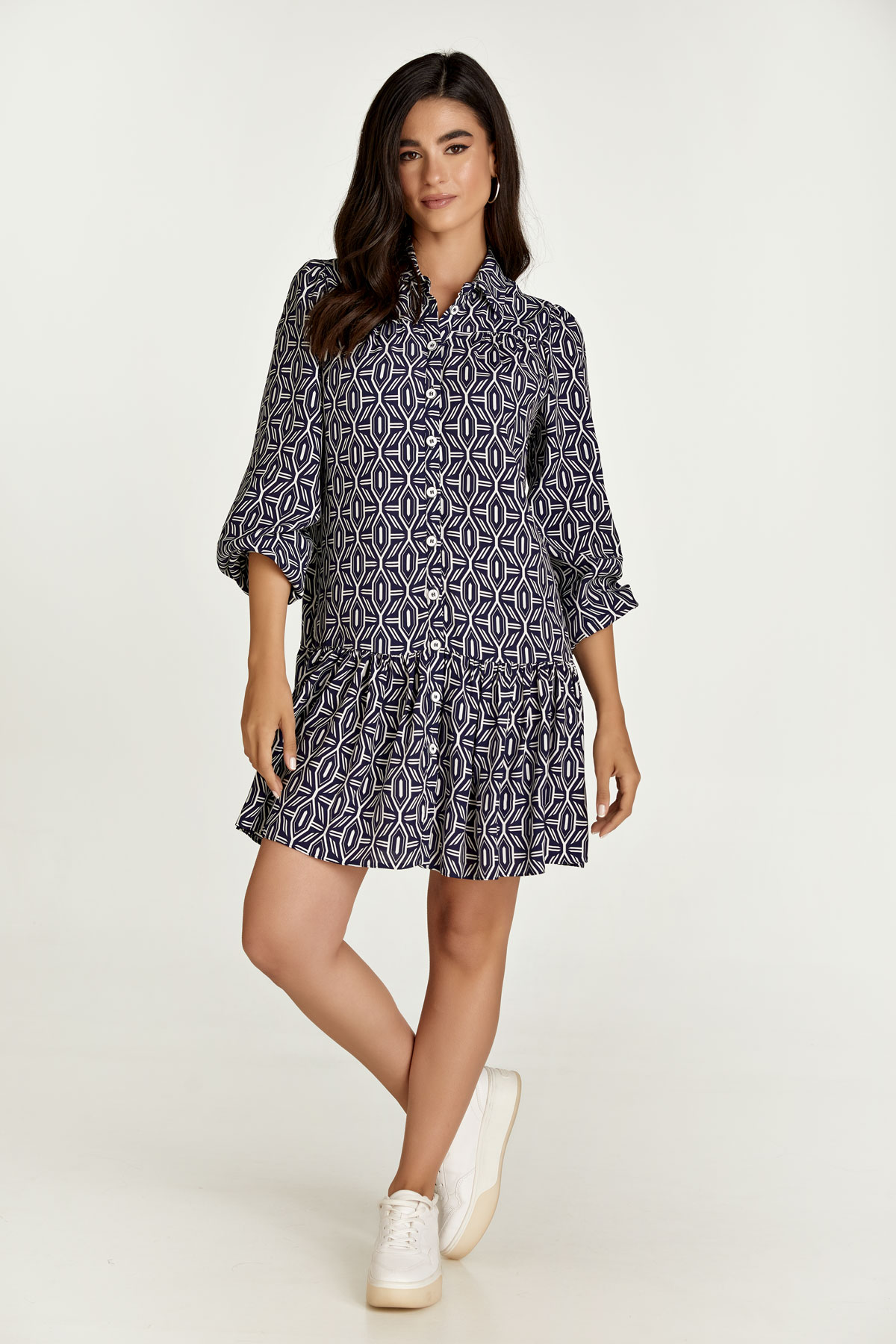 Marineblaues und weißes Print-Kleid mit Knöpfen Image