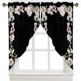 Black Spring Floral Swag Curtains For Living Room/bedroom Summer Botanical Vintage Pastoral Swag Kitchen Curtain Valances For Windows Tier Topper Scalloped Curtain 2 Panels 72 w X 45 l