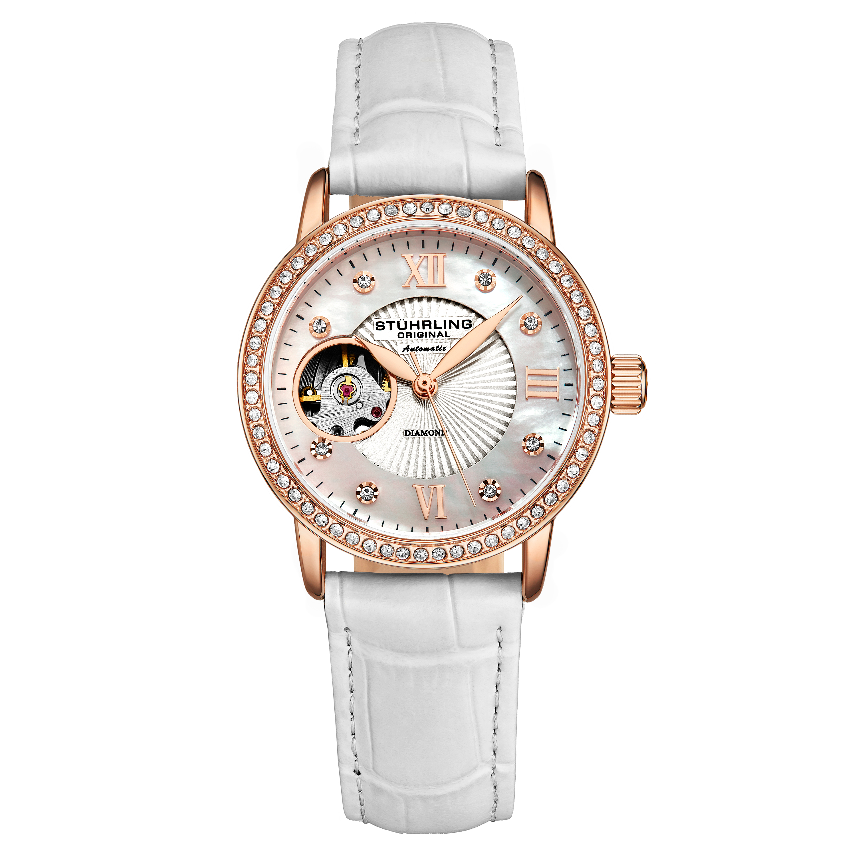 Stührling Womens White and Rose Gold Legacy Automatic 34mm - One Size | Stührling Sale | Discount Designer Brands