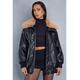 MissPap Womens Fur Collar Oversized Leather Look Bomber Jacket - Black - Size 8 UK | MissPap Sale | Discount Designer Brands