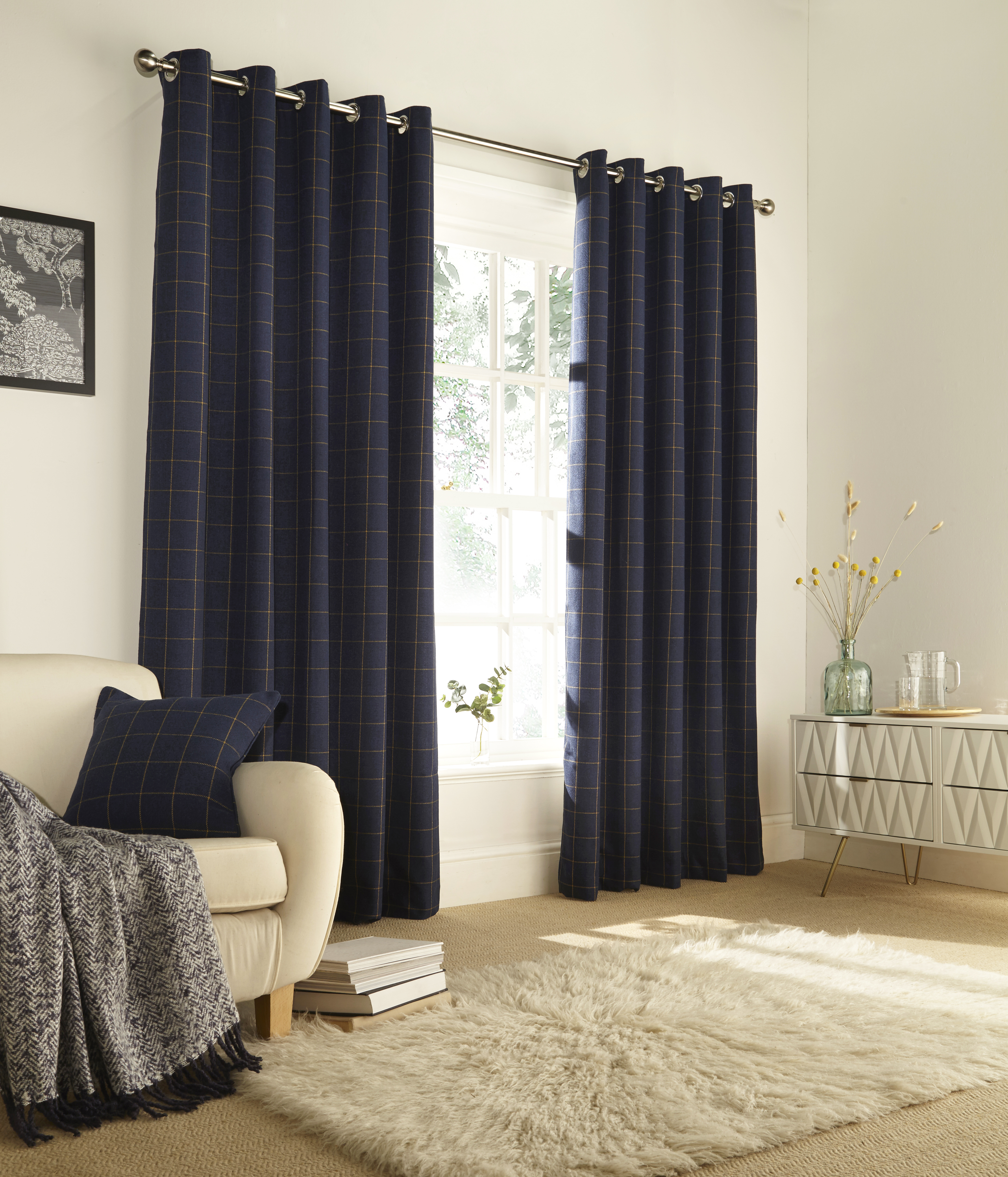 furn. Ellis Windowpane Check Eyelet Curtains in Navy - Size 229 cm x 137 cm | furn. Sale | Discount Designer Brands