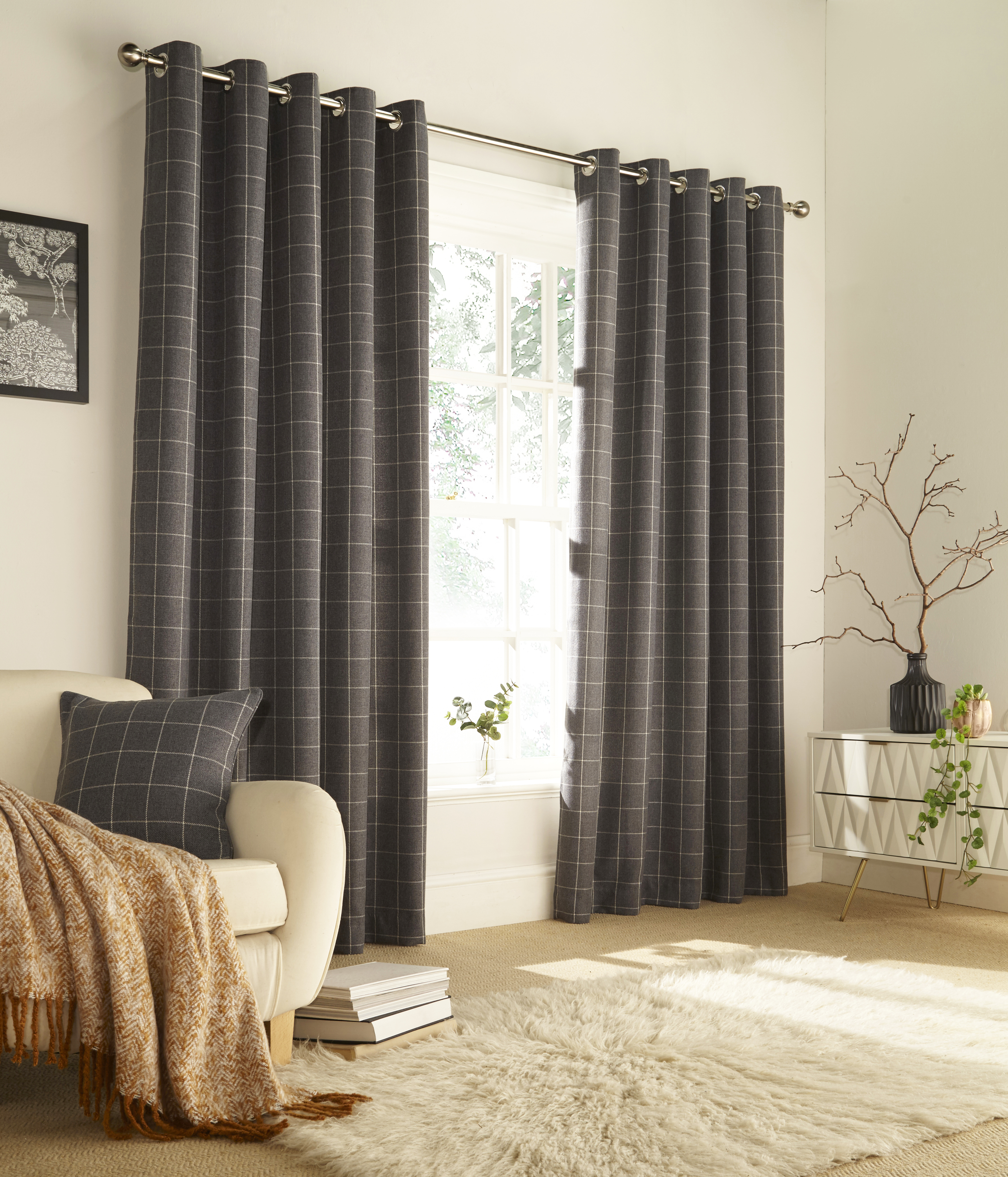furn. Ellis Windowpane Check Eyelet Curtains in Grey - Size 117 cm x 183 cm | furn. Sale | Discount Designer Brands